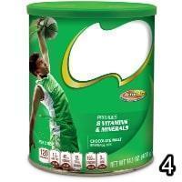 A green canister with an obscured name, labeled 'Provides 8 Vitamins & Minerals' and 'Chocolate Malt Beverage Mix' and depicting a basketball player, with a 4 in the bottom right