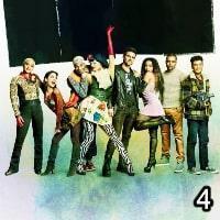 A poster of eight people posing, with a 4 in the bottom right