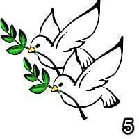 2 white birds holding olive branches, with a 5 in the bottom right